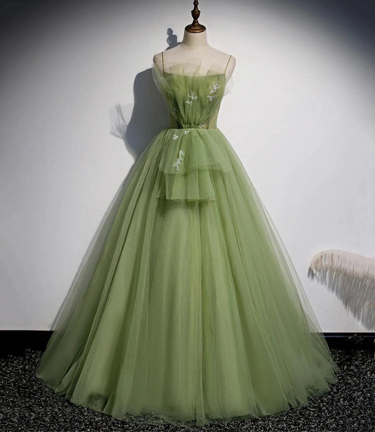 Green tulle long prom dress A line evening dress s56 by simplepromdress