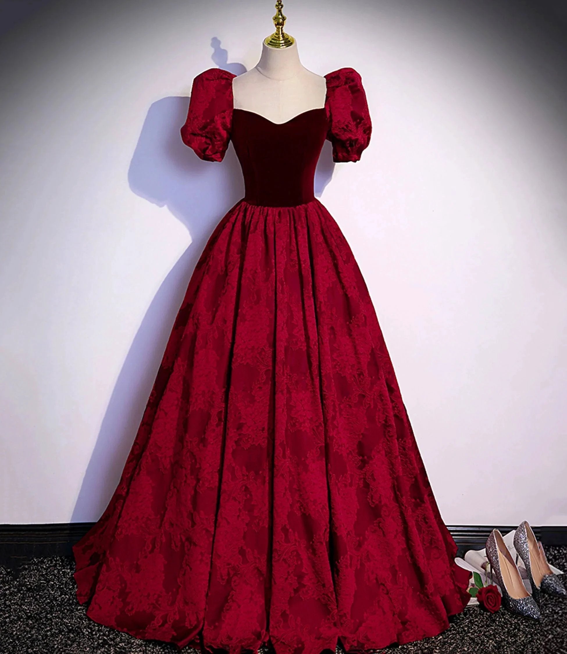 Burgundy velvet jacquard long prom dress evening dress s89 by simplepromdress