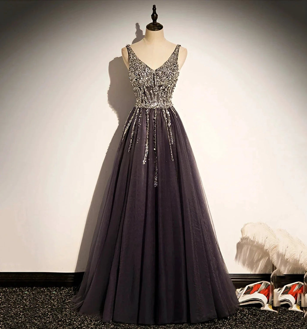 Stylish v neck tulle long prom dress A line evening dress s76 by simplepromdress