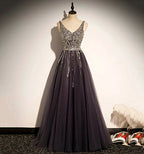 Stylish v neck tulle long prom dress A line evening dress s76 by simplepromdress
