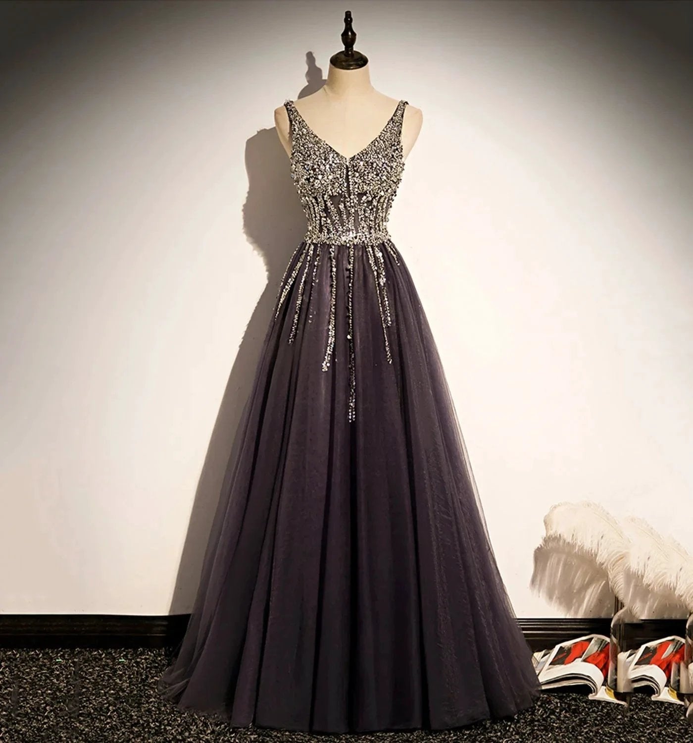 Stylish v neck tulle long prom dress A line evening dress s76 by simplepromdress