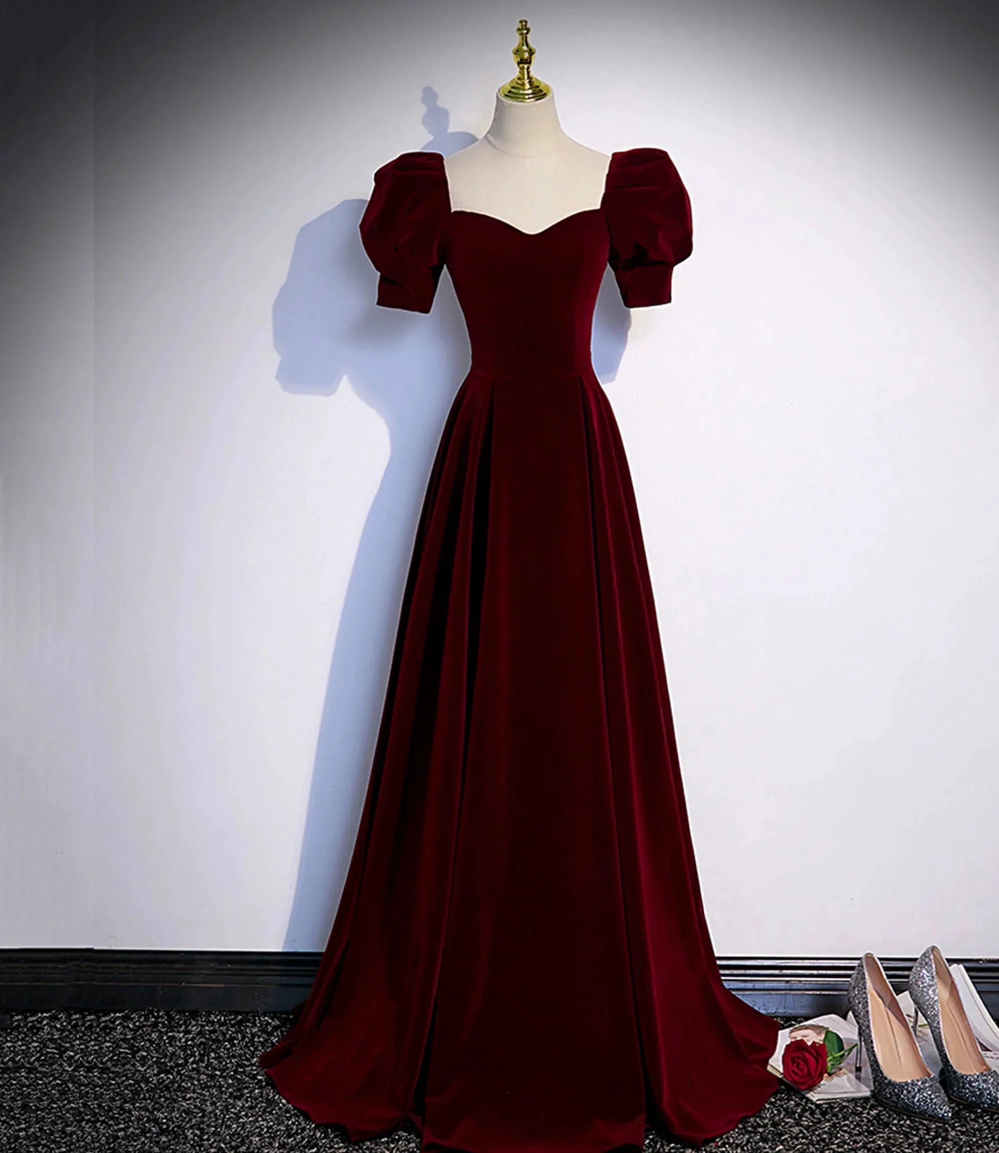 Burgundy velvet long prom dress evening dress s88 by simplepromdress