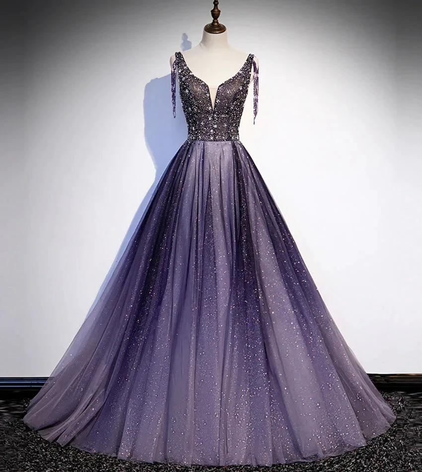 Purple v neck tulle beads long prom dress evening dress s104 by simplepromdress