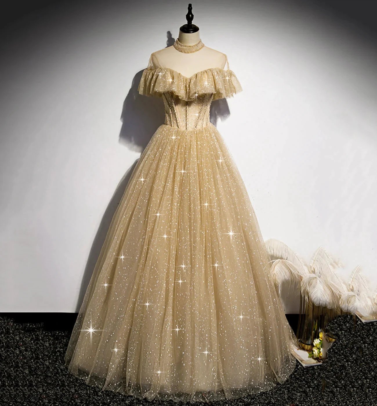 Gold A line sequins long ball gown dress formal dress s78 by simplepromdress