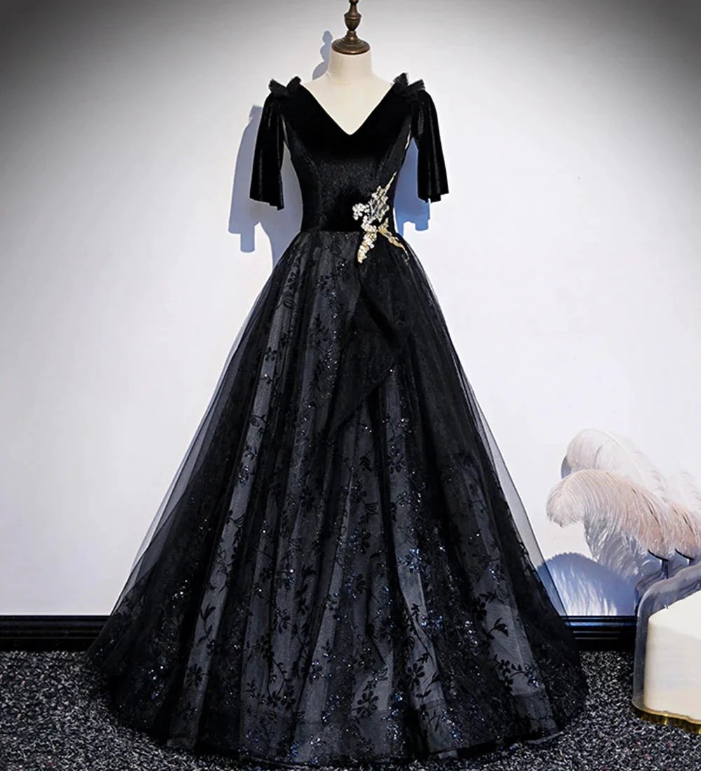 Black velvet lace long prom dress evening dress s103 by simplepromdress