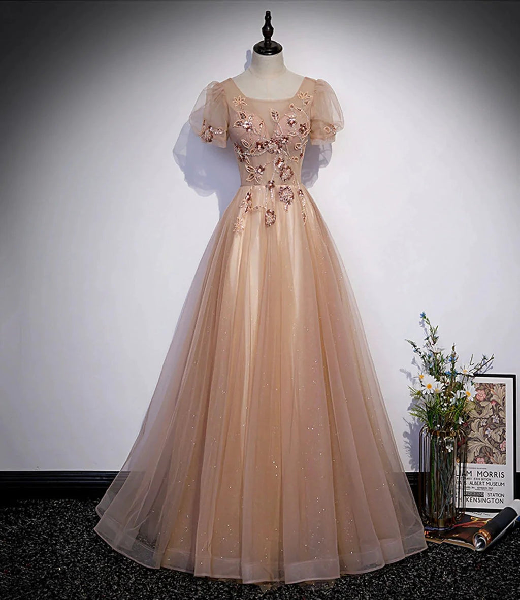 Cute tulle beads long prom dress A line evening gown s63 by simplepromdress