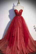 Burgundy tulle sequins long prom dress A line evening gown s55 by simplepromdress