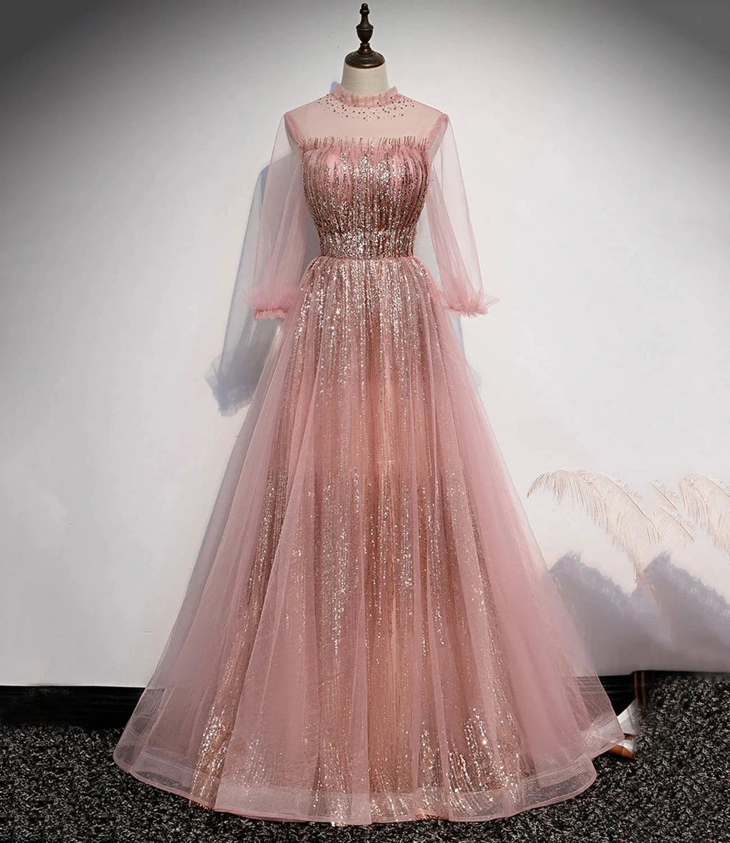 Pink tulle sequins long prom dress pink evening dress s109 by simplepromdress