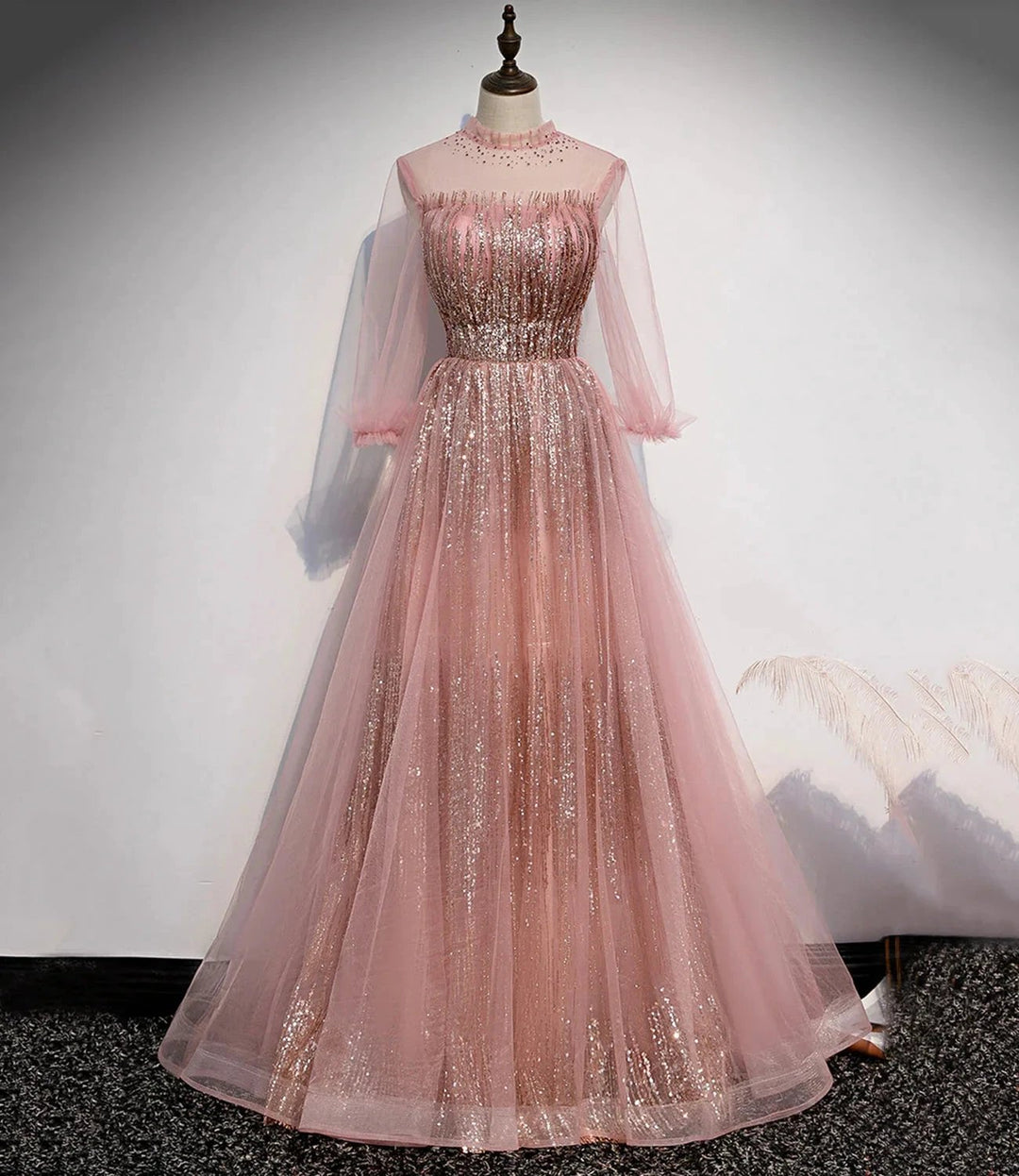 Pink tulle sequins long prom dress pink evening dress s109 by simplepromdress