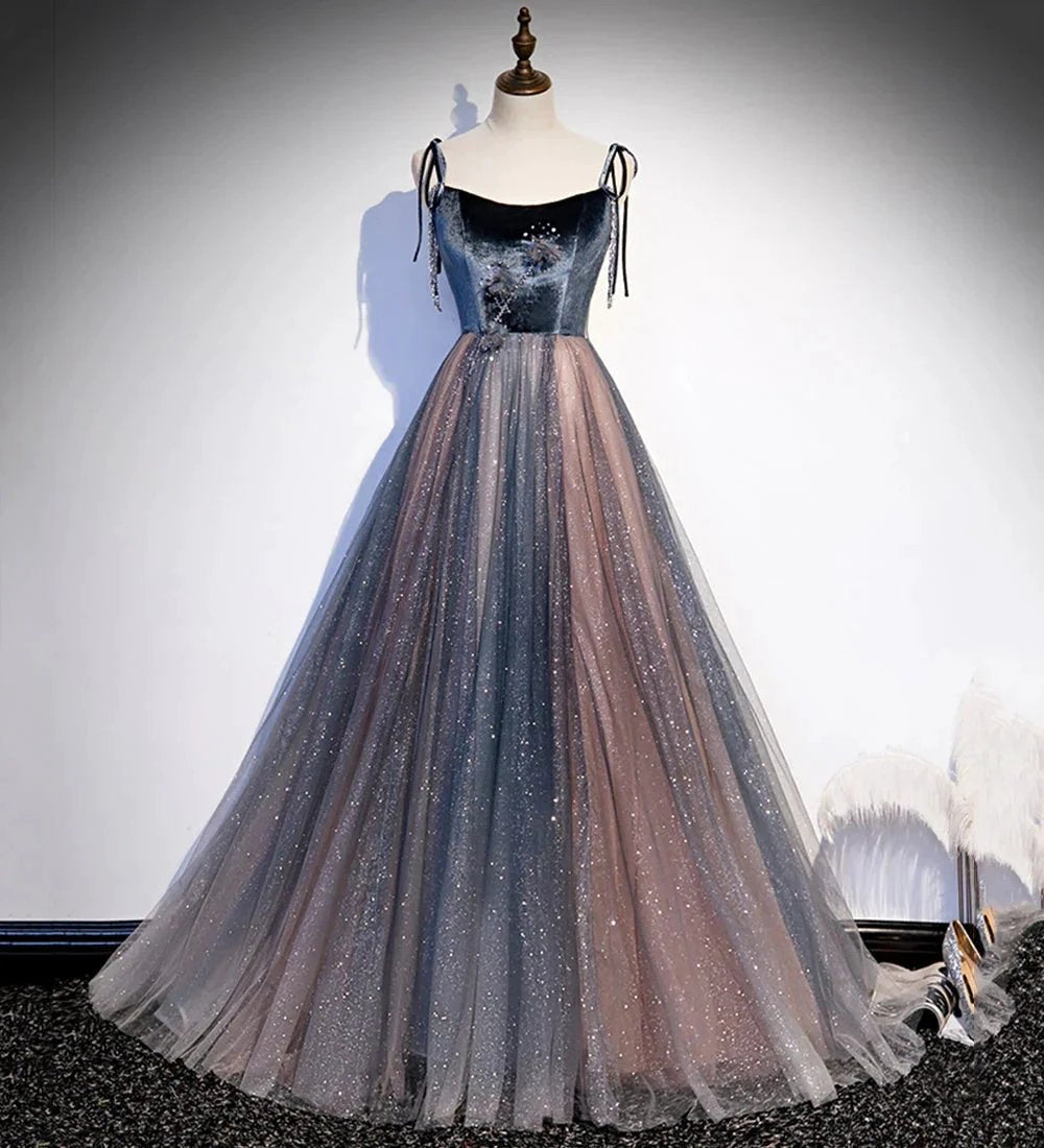 Blue tulle sequins long prom dress evening dress s80 by simplepromdress