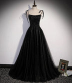 Black tulle beads long prom dress A line evening dress s58 by simplepromdress