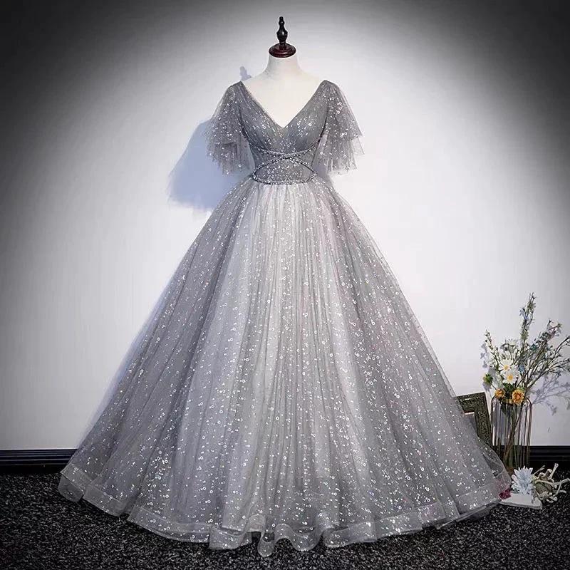 Gray tulle sequins long prom dress A line evening gown s65 by simplepromdress