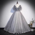 Gray tulle sequins long prom dress A line evening gown s65 by simplepromdress