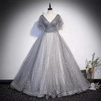 Gray tulle sequins long prom dress A line evening gown s65 by simplepromdress