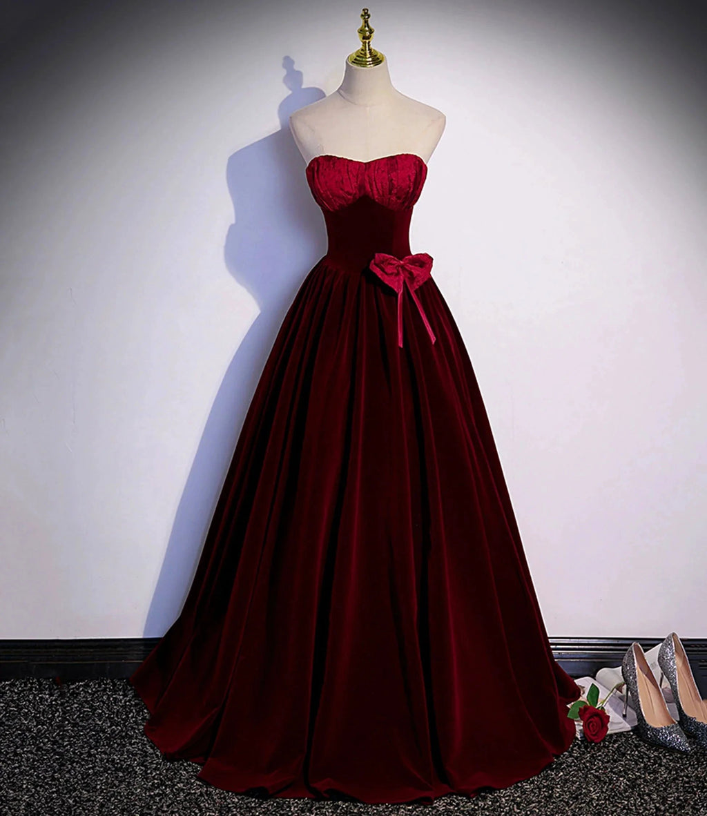 Burgundy velvet long prom dress A-line evening gown s86 by simplepromdress