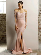 Long Sleeves Lace Prom Dress Off the Shoulder Bridesmaid Dress by AMANDANOVIA