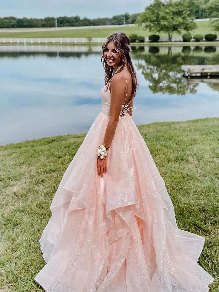 Pink spaghetti straps a line prom dress,layered evening gown,sparkle prom long dress Y1303 by simplepromdress