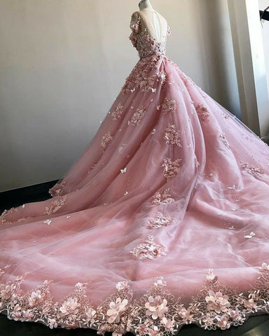 Vestido de novia con flores 3D rosas y cola de corte, vestido de novia rosa Y1406