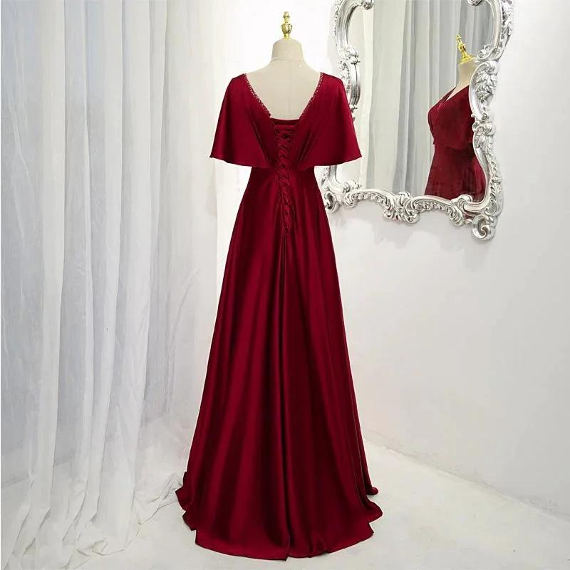 Dark Red Satin A-line Floor Length Evening Dress, Wedding Guest Dresses Y1439 by simplepromdress