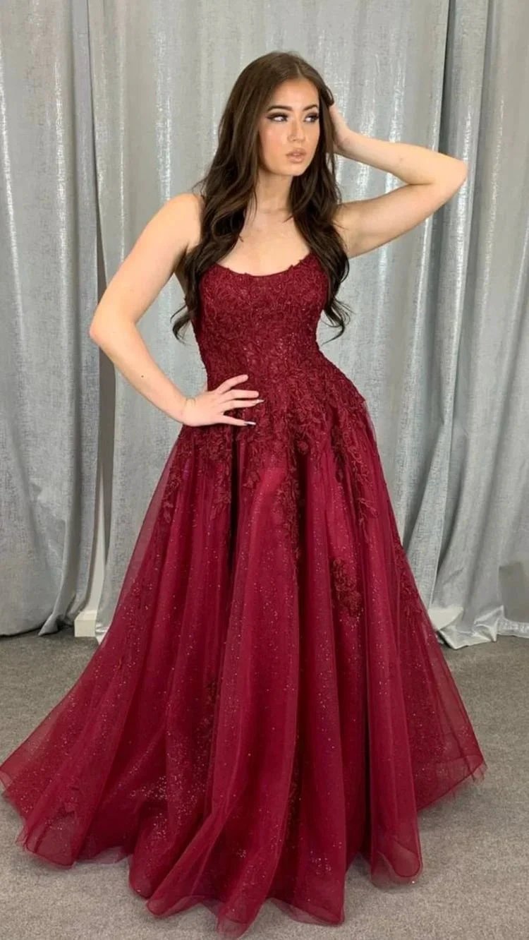 Burgundy tulle lace long prom dress A line evening dress Y1434 by simplepromdress