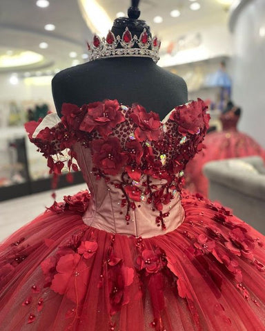 Vestido de quinceañera con hombros descubiertos y flores 3D brillantes, cola, vestido de gala Y1448