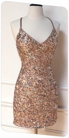 Tight Sparkle V Neck Sequins Party Dress Sexy Homecoming Dress Y1419
