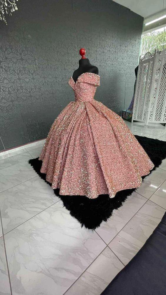 Sparkly Off The Shoulder Sequins Ball Gown Sweet 16 Dress Y1393 by simplepromdress