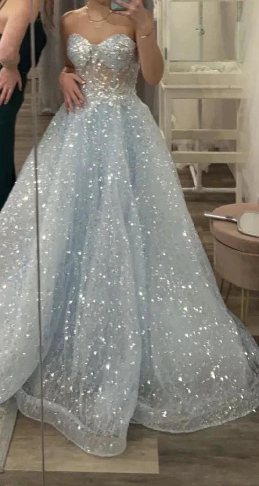 Glitter Blue Sweetheart Tulle Sequins Long Prom Dress,Sexy A-line Evening Dress Y1391 by simplepromdress