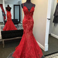 Red Handmade Lace Appliques Evening Dress,Mermaid/Trumpet V Neck Red Formal Gown Y1402 by simplepromdress