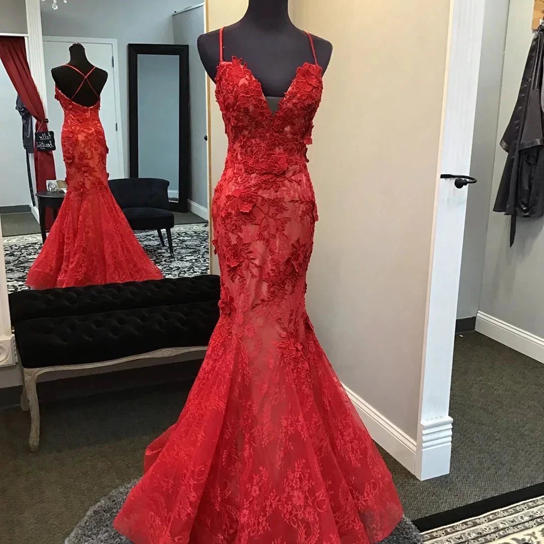 Red Handmade Lace Appliques Evening Dress,Mermaid/Trumpet V Neck Red Formal Gown Y1402 by simplepromdress