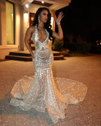 Sparkly Mermaid V-Neck Evening Dress With Train Stunning Mermaid Evening Gown Y1373