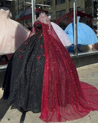 Glitter Black With Burgundy Butterflies Quinceanera Dress Sweet 16 Dress Ball Gown Y1415 by simplepromdress