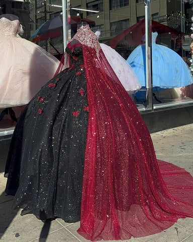 Vestido de quinceañera negro brillante con mariposas burdeos, vestido de fiesta para dulces 16, Y1415