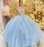 Fairy Dress,Blue Sleeveless Ball Gown With Pink Butterflies Y1387 by simplepromdress
