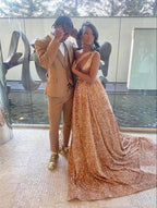 Sparkly Rose Gold Sequin Prom Dress With Train,Sexy Evening Gown Y1436 by simplepromdress