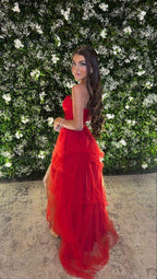 Sweetheart Backless Red Evening Dresses Tulle Ruffled Y1237 by simplepromdress
