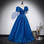 Blue saitn long prom dress A line evening gown s64 by simplepromdress