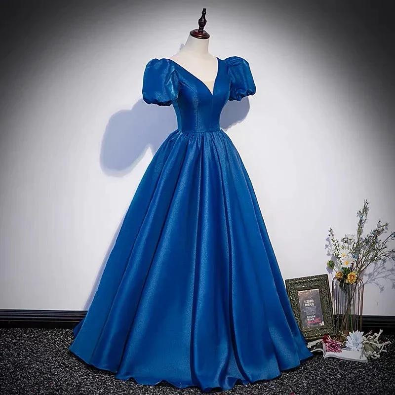 Blue saitn long prom dress A line evening gown s64 by simplepromdress