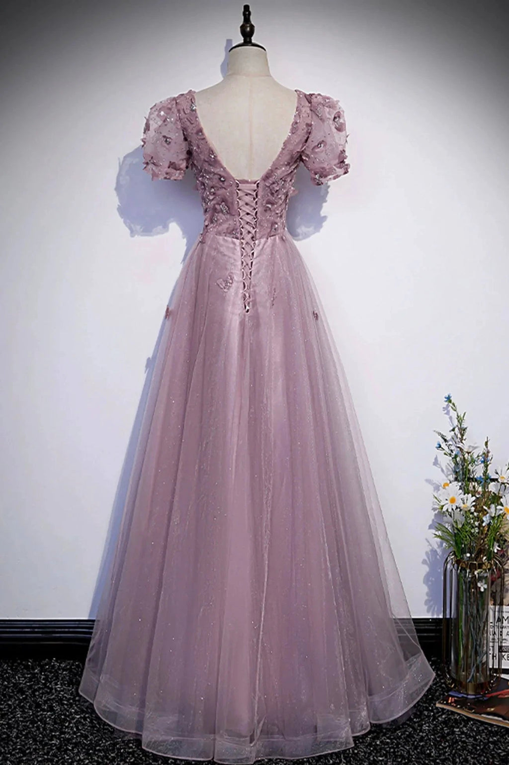 Pink tulle sequins long prom dress pink evening dress s61 by simplepromdress