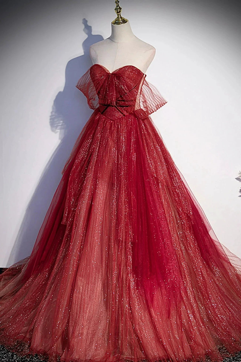 Burgundy tulle sequins long prom dress A line evening gown s55 by simplepromdress