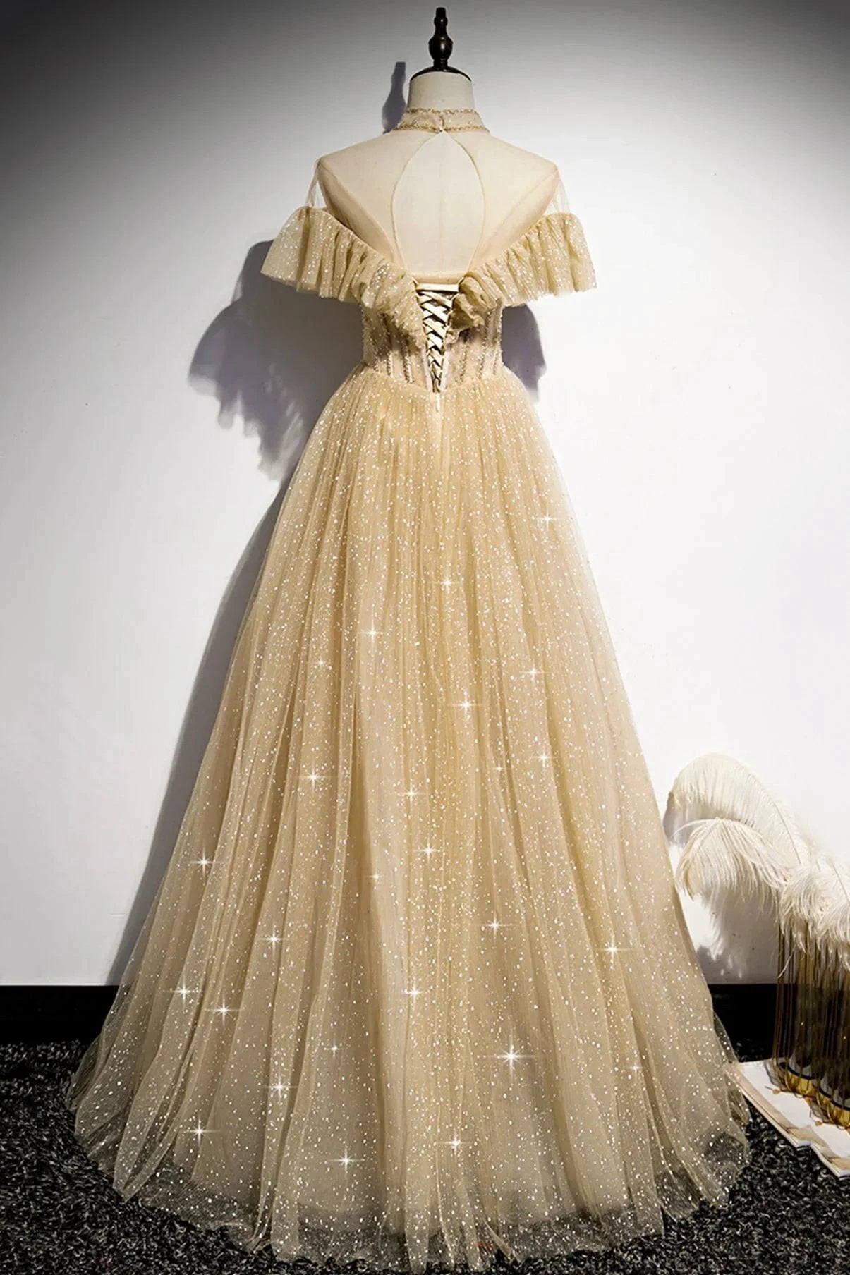 Gold A line sequins long ball gown dress formal dress s78 by simplepromdress
