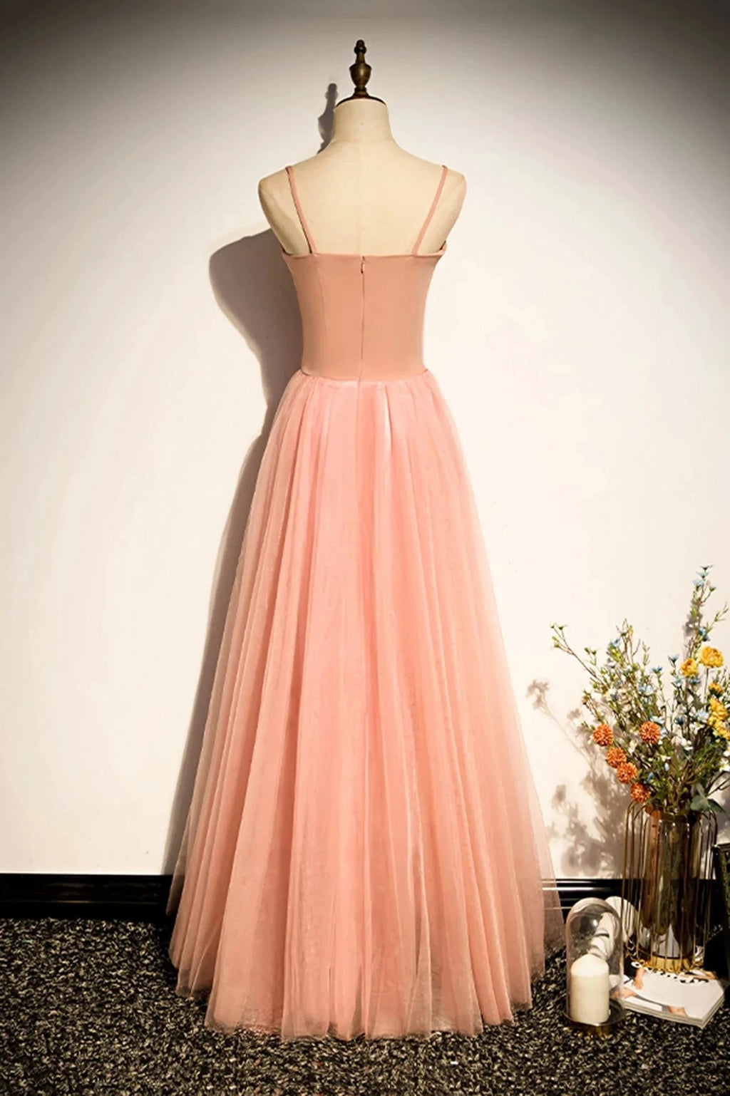 Pink tulle long prom dress A line evening dress s92 by simplepromdress