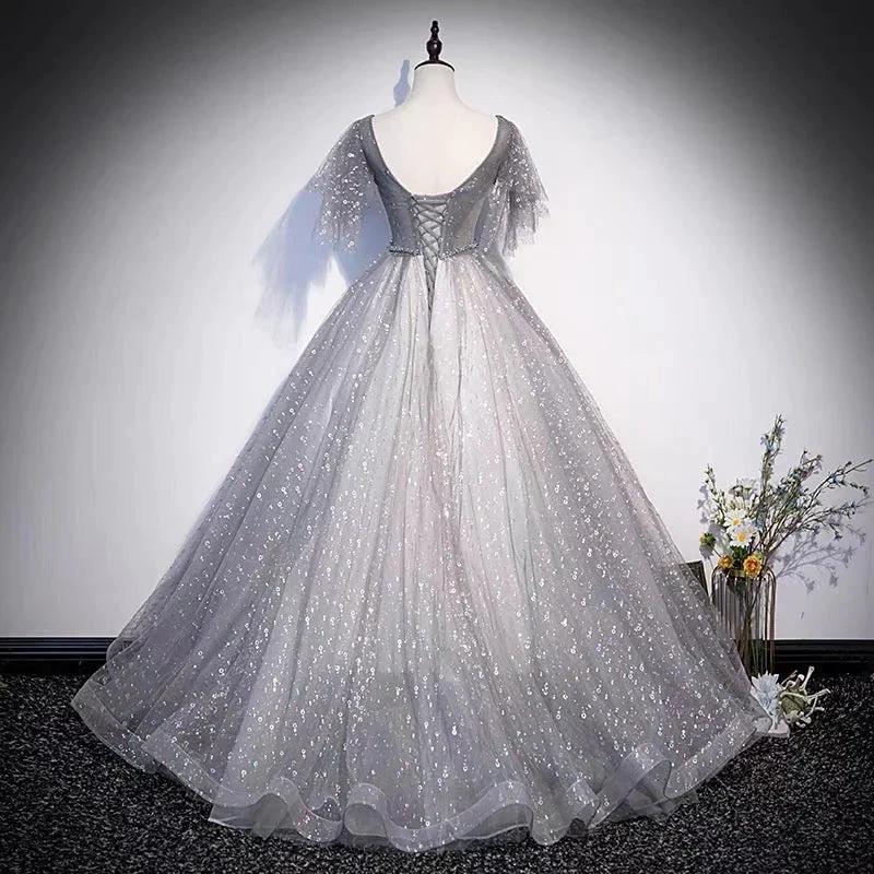Gray tulle sequins long prom dress A line evening gown s65 by simplepromdress
