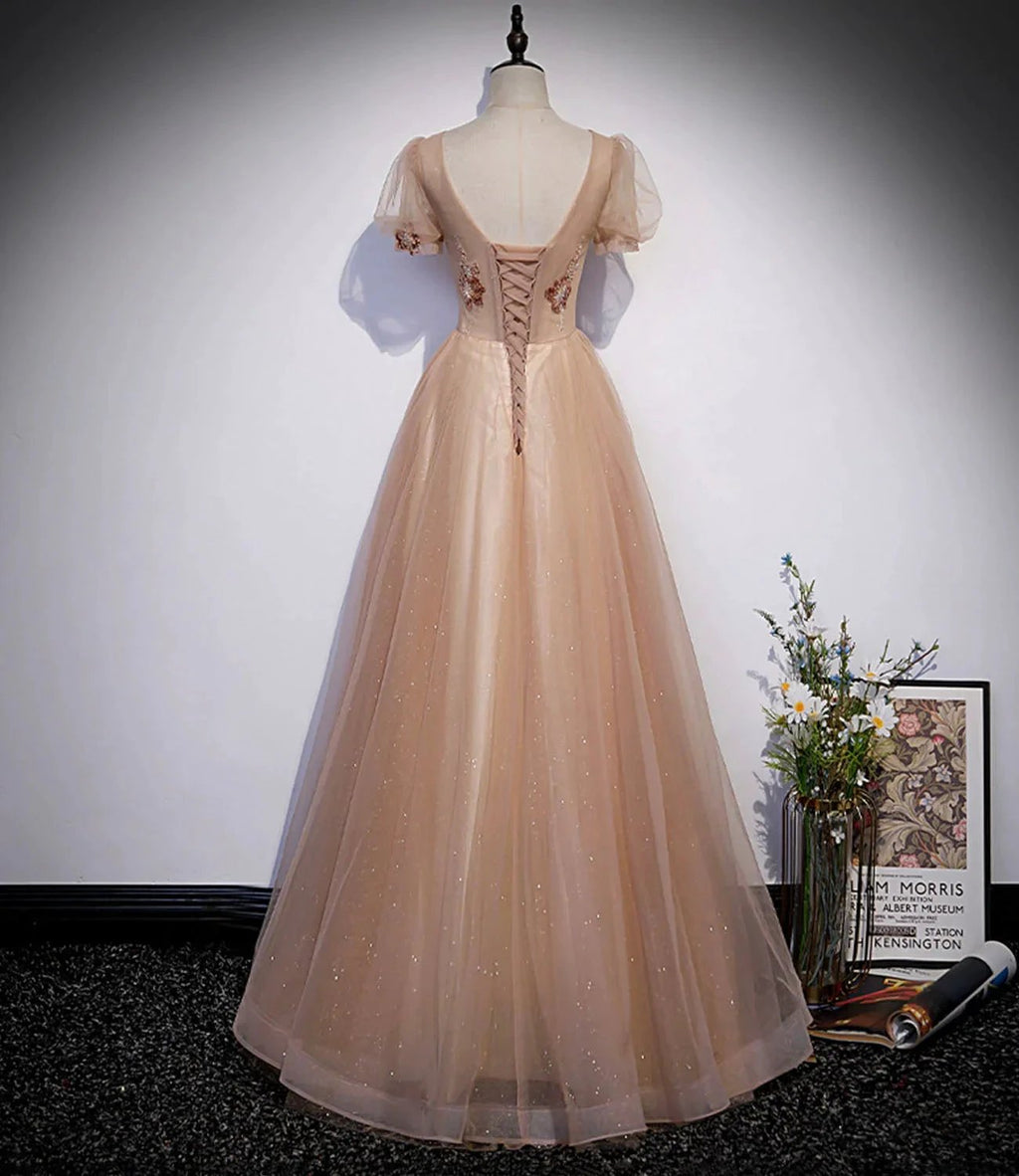 Cute tulle beads long prom dress A line evening gown s63 by simplepromdress