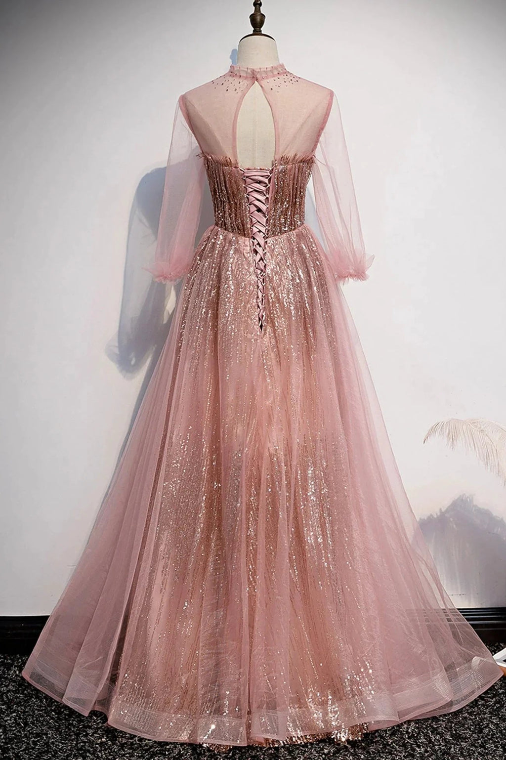 Pink tulle sequins long prom dress pink evening dress s109 by simplepromdress