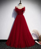Burgundy tulle long prom dress evening dress s82 by simplepromdress