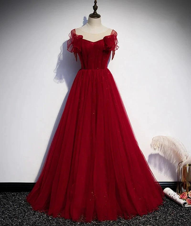 Burgundy tulle long prom dress evening dress s82 by simplepromdress