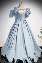 Blue satin pearl long prom dress blue evening dress s52 by simplepromdress