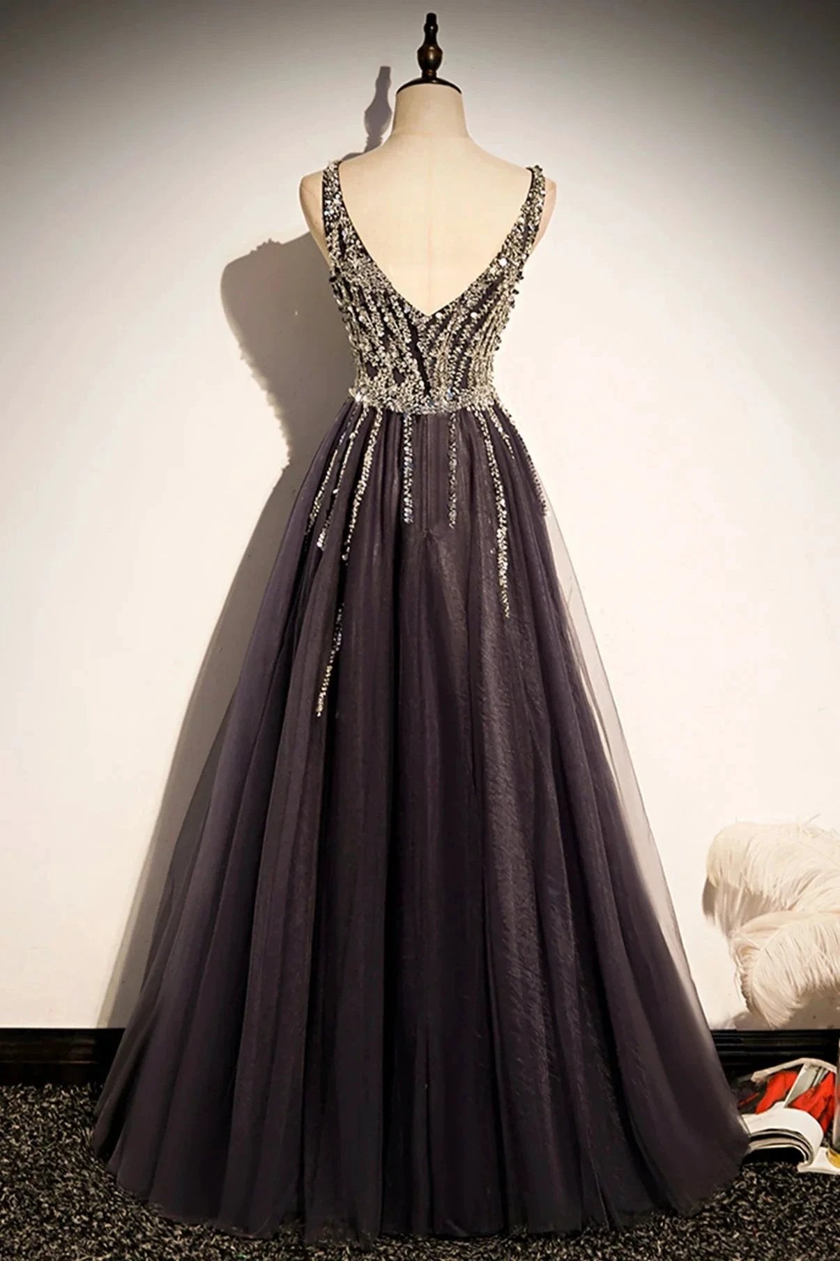 Stylish v neck tulle long prom dress A line evening dress s76 by simplepromdress