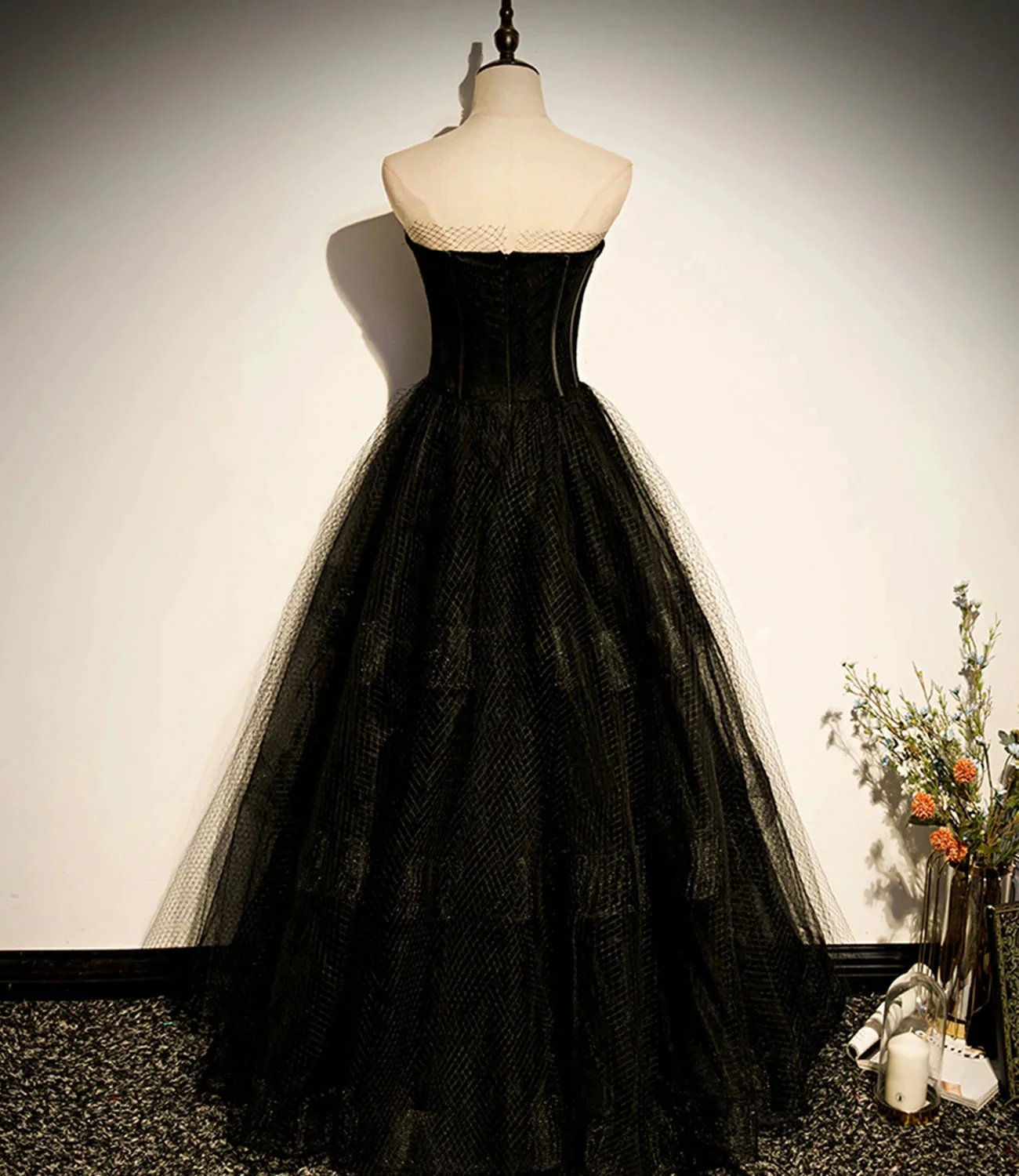 Black tulle long A line prom dress black evening dress s68 by simplepromdress